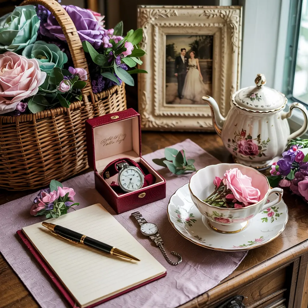 Elegant vintage wedding gift arrangement with copper pots, antique frames, and tea set