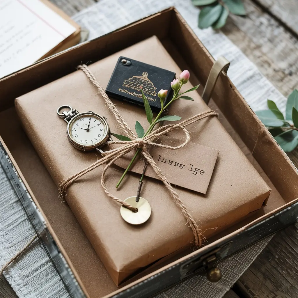 Vintage gift wrapped in kraft paper with twine, handwritten note, and natural elements